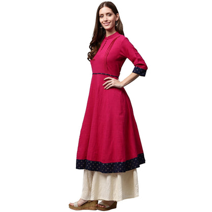 Pink 3/4Th Sleeve Cotton Slub Anarkali Kurta | LASVINI - Redefining Indian Fashion with Elegance