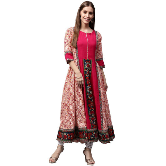 Peach & Pink Printed 3/4Th Sleeve Cotton Slub Anarkali Kurta | LASVINI - Redefining Indian Fashion with Elegance