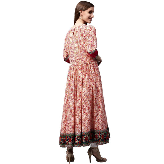 Peach & Pink Printed 3/4Th Sleeve Cotton Slub Anarkali Kurta | LASVINI - Redefining Indian Fashion with Elegance