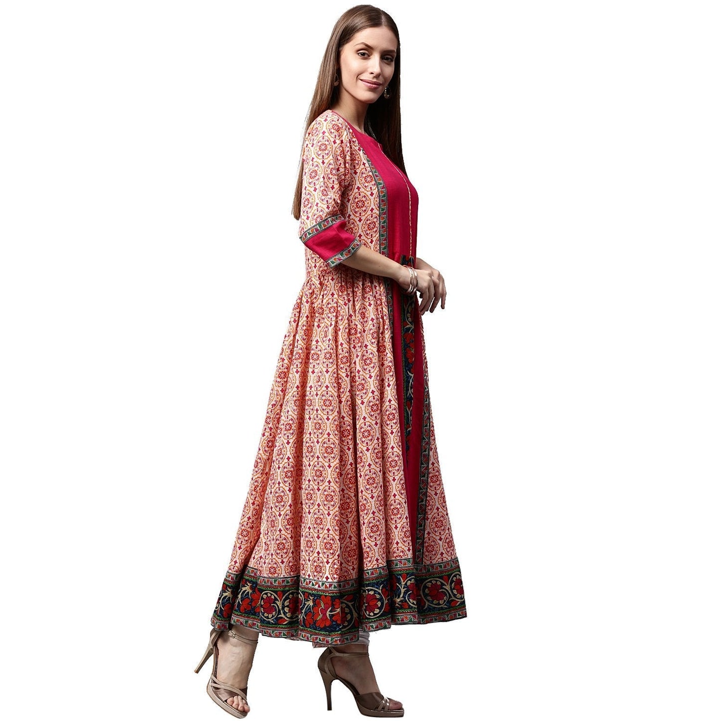 Peach & Pink Printed 3/4Th Sleeve Cotton Slub Anarkali Kurta | LASVINI - Redefining Indian Fashion with Elegance