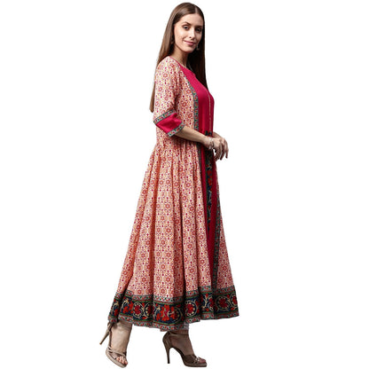 Peach & Pink Printed 3/4Th Sleeve Cotton Slub Anarkali Kurta | LASVINI - Redefining Indian Fashion with Elegance