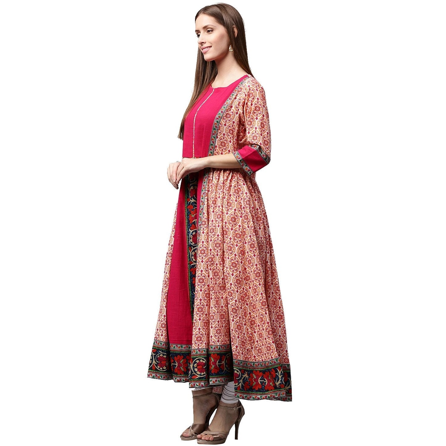 Peach & Pink Printed 3/4Th Sleeve Cotton Slub Anarkali Kurta | LASVINI - Redefining Indian Fashion with Elegance
