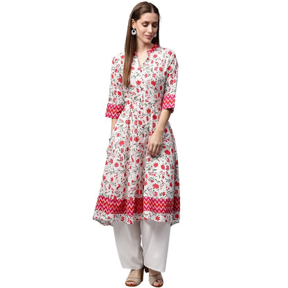 White & Red Printed 3/4Th Sleeve Cotton Anarkali Kurta | LASVINI - Redefining Indian Fashion with Elegance