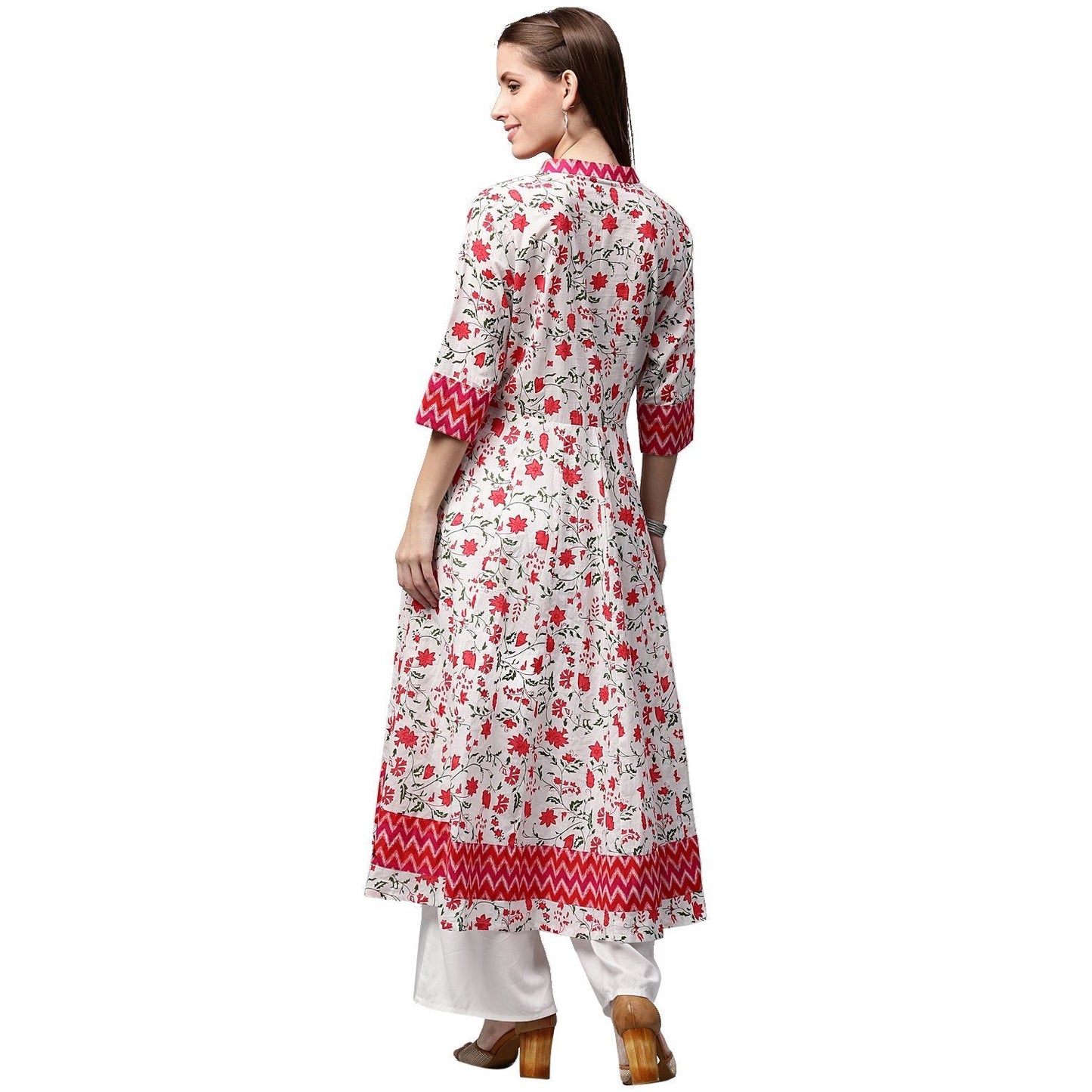 White & Red Printed 3/4Th Sleeve Cotton Anarkali Kurta | LASVINI - Redefining Indian Fashion with Elegance