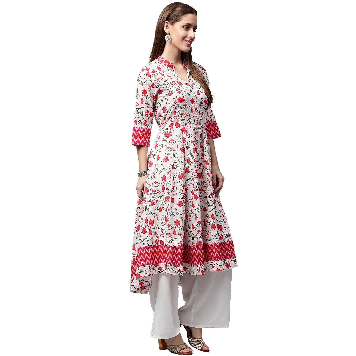 White & Red Printed 3/4Th Sleeve Cotton Anarkali Kurta | LASVINI - Redefining Indian Fashion with Elegance