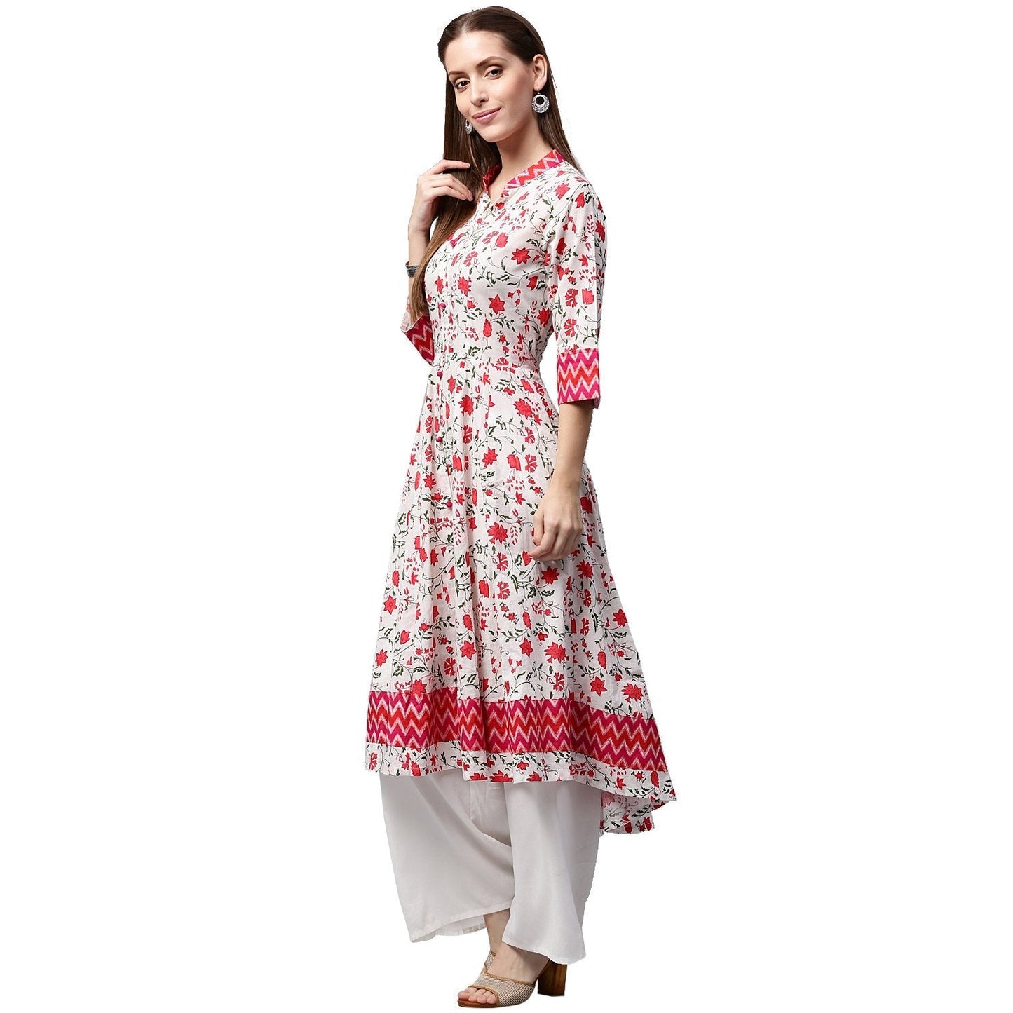 White & Red Printed 3/4Th Sleeve Cotton Anarkali Kurta | LASVINI - Redefining Indian Fashion with Elegance