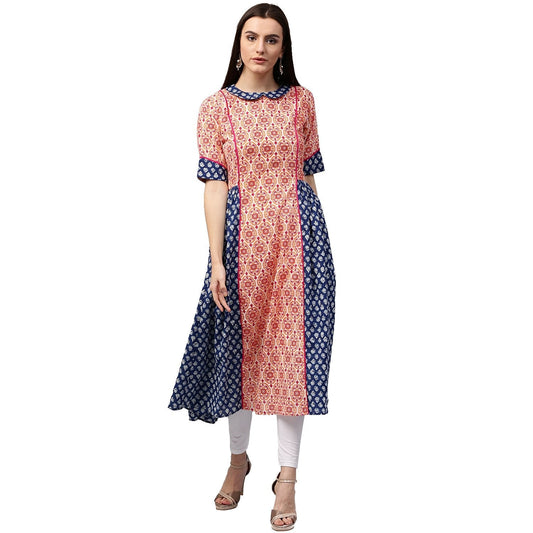 Peach & Blue Printed 3/4Th Sleeve Cotton Slub A-Line Kurta | LASVINI - Redefining Indian Fashion with Elegance
