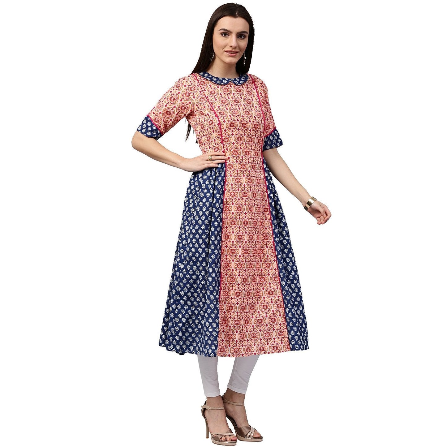 Peach & Blue Printed 3/4Th Sleeve Cotton Slub A-Line Kurta | LASVINI - Redefining Indian Fashion with Elegance