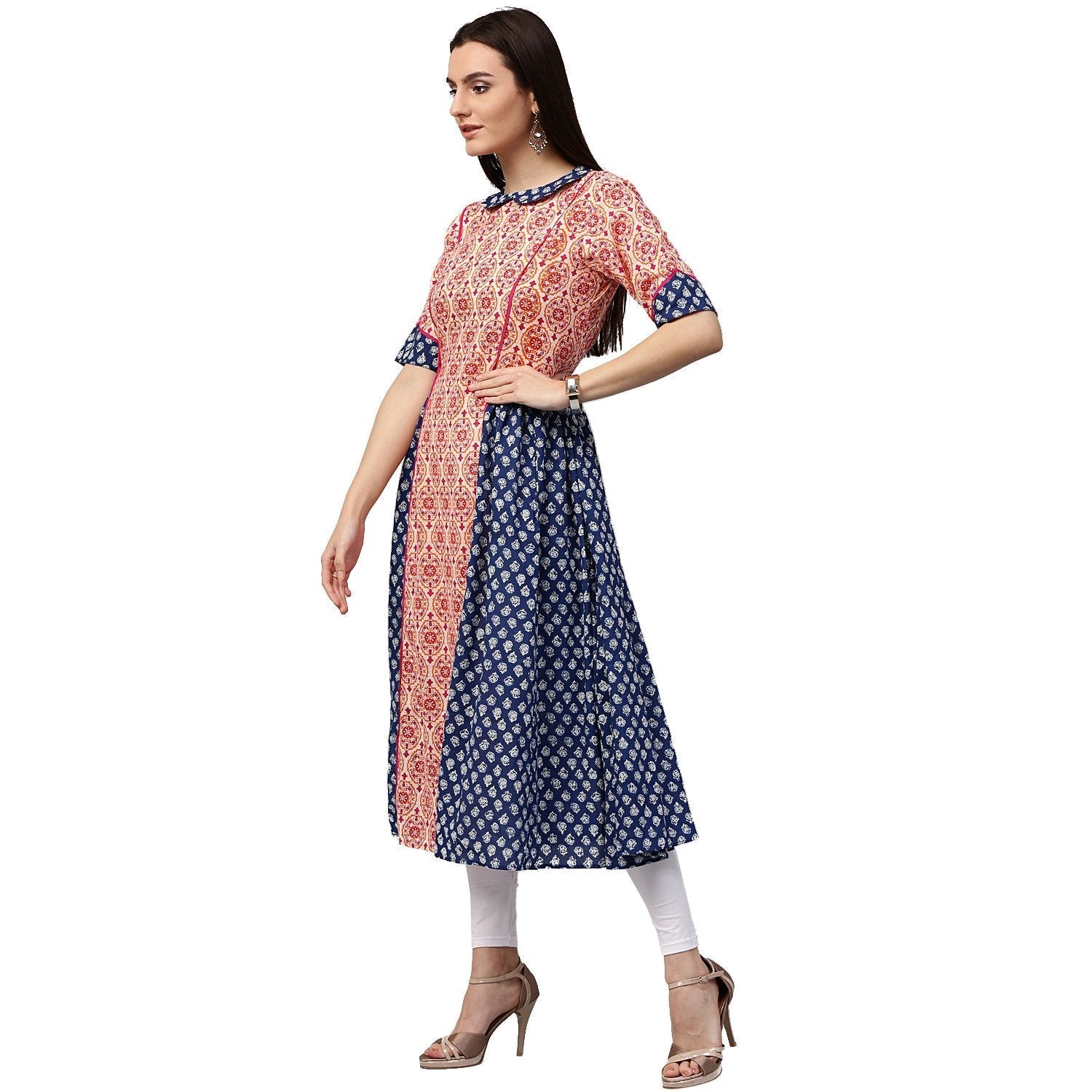 Peach & Blue Printed 3/4Th Sleeve Cotton Slub A-Line Kurta | LASVINI - Redefining Indian Fashion with Elegance