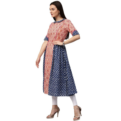 Peach & Blue Printed 3/4Th Sleeve Cotton Slub A-Line Kurta | LASVINI - Redefining Indian Fashion with Elegance