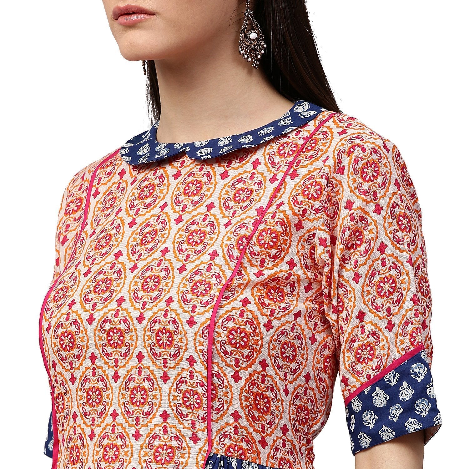 Peach & Blue Printed 3/4Th Sleeve Cotton Slub A-Line Kurta | LASVINI - Redefining Indian Fashion with Elegance