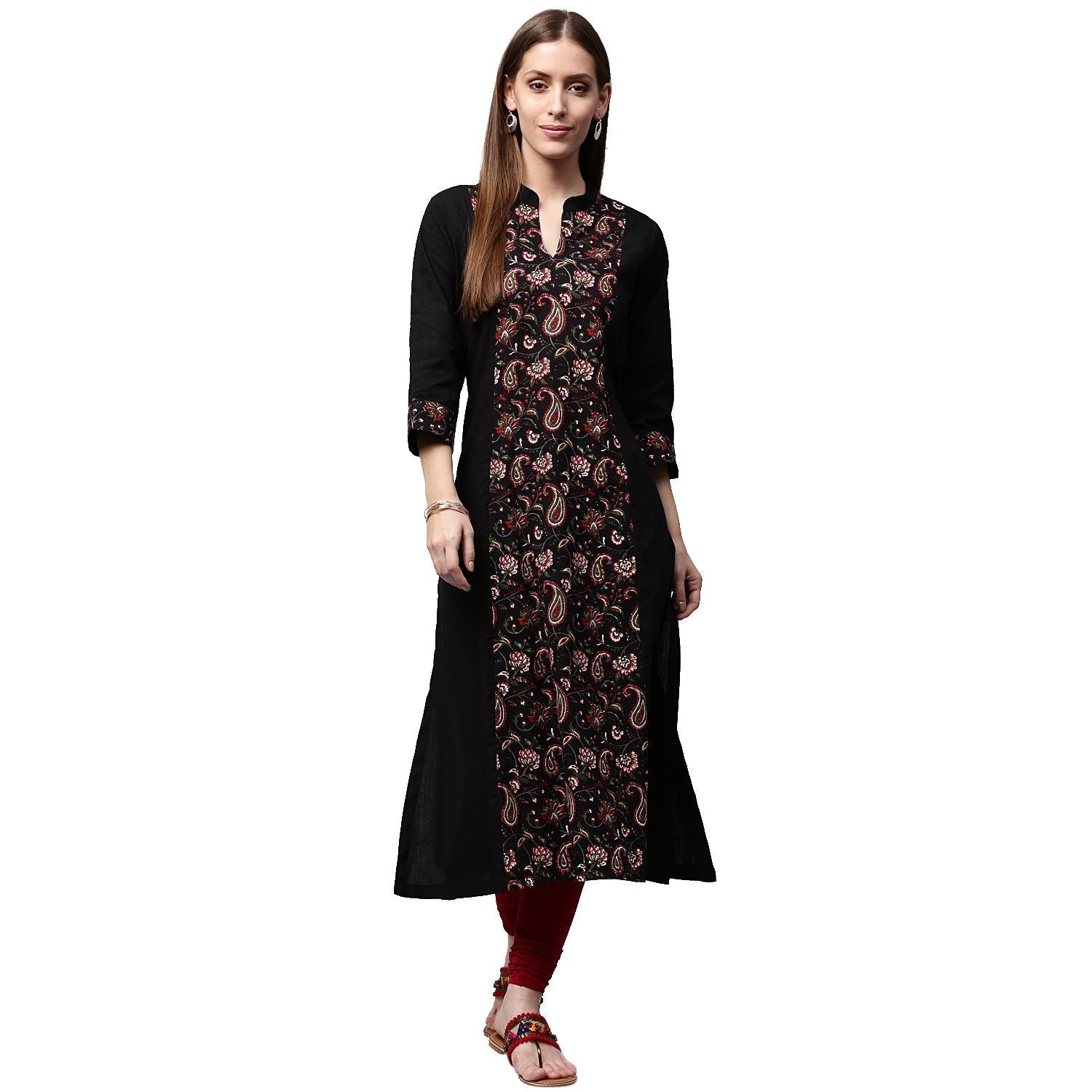 Black Printed 3/4Th Sleeve Cotton A-Line Kurta | LASVINI - Redefining Indian Fashion with Elegance