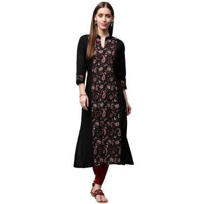 Black Printed 3/4Th Sleeve Cotton A-Line Kurta | LASVINI - Redefining Indian Fashion with Elegance