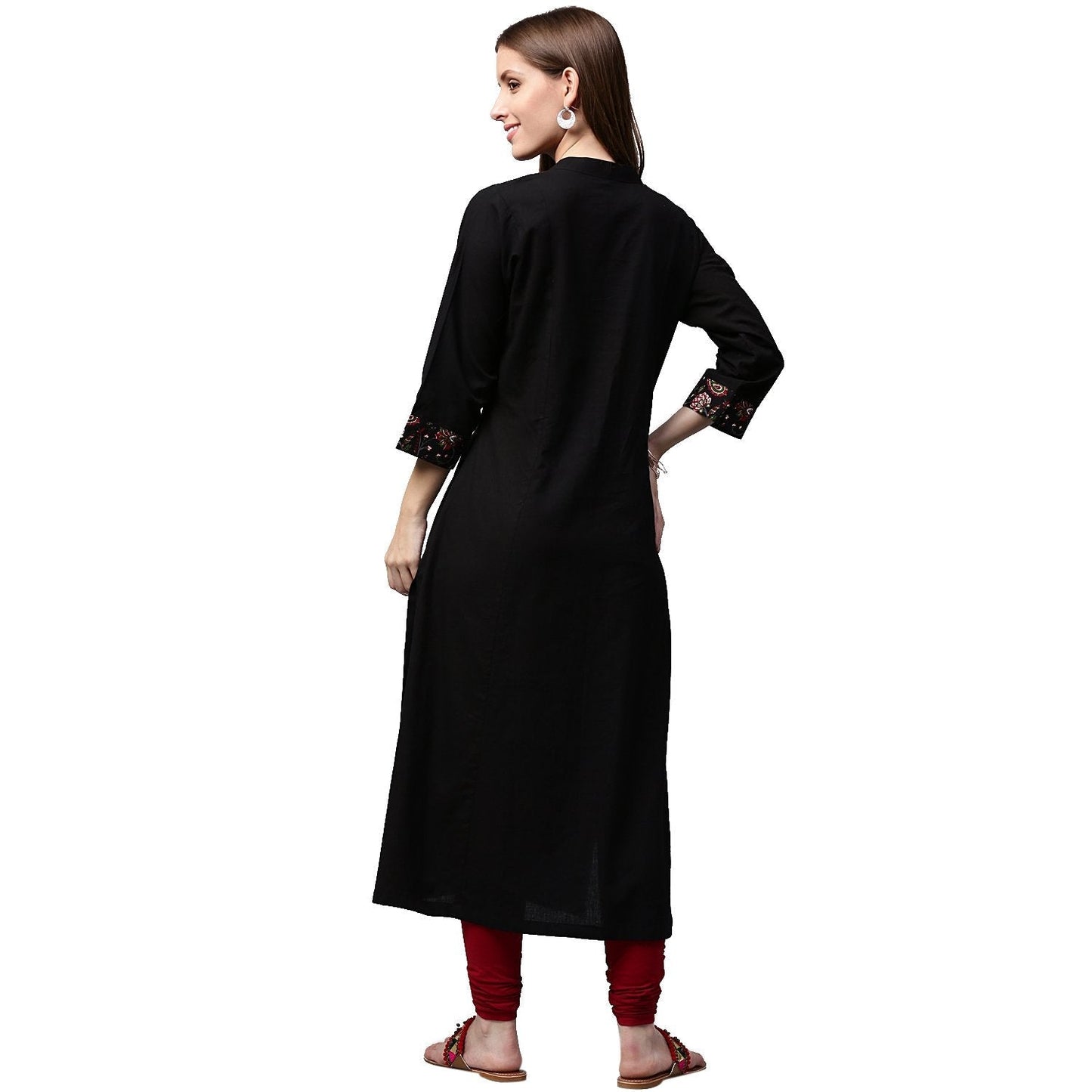 Black Printed 3/4Th Sleeve Cotton A-Line Kurta | LASVINI - Redefining Indian Fashion with Elegance