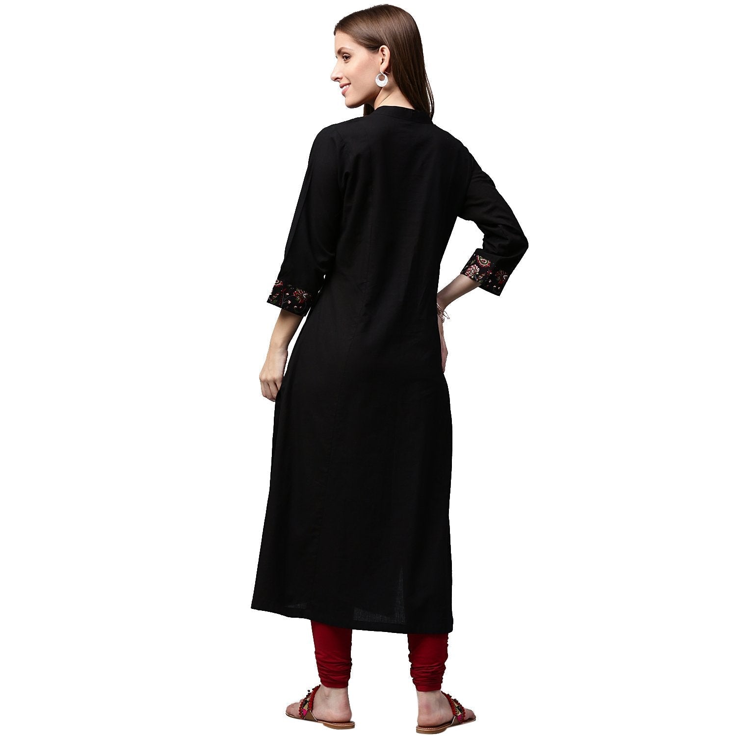 Black Printed 3/4Th Sleeve Cotton A-Line Kurta | LASVINI - Redefining Indian Fashion with Elegance
