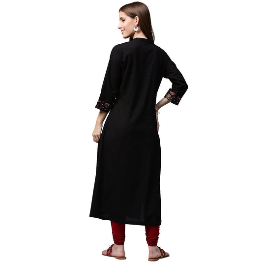 Black Printed 3/4Th Sleeve Cotton A-Line Kurta | LASVINI - Redefining Indian Fashion with Elegance