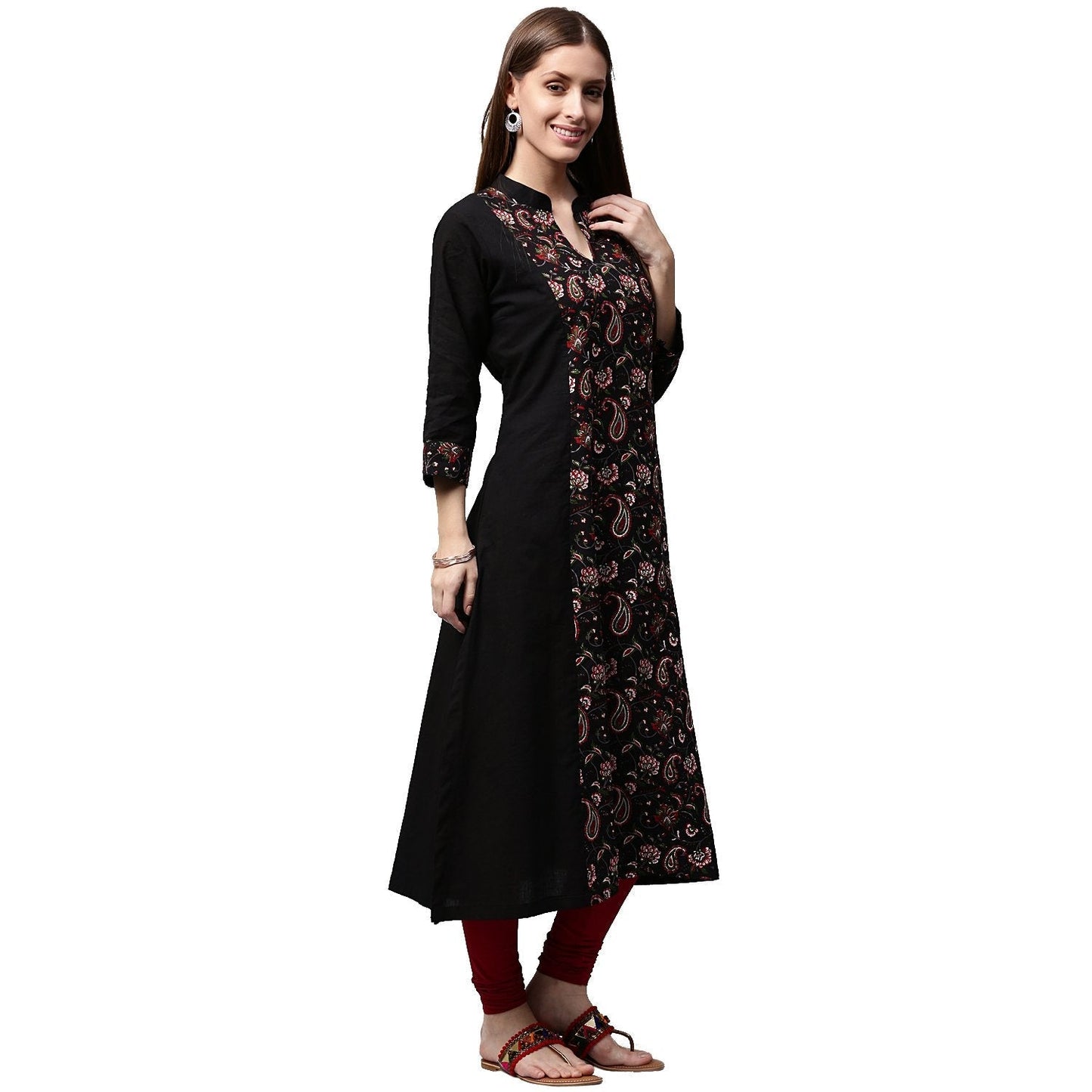Black Printed 3/4Th Sleeve Cotton A-Line Kurta | LASVINI - Redefining Indian Fashion with Elegance