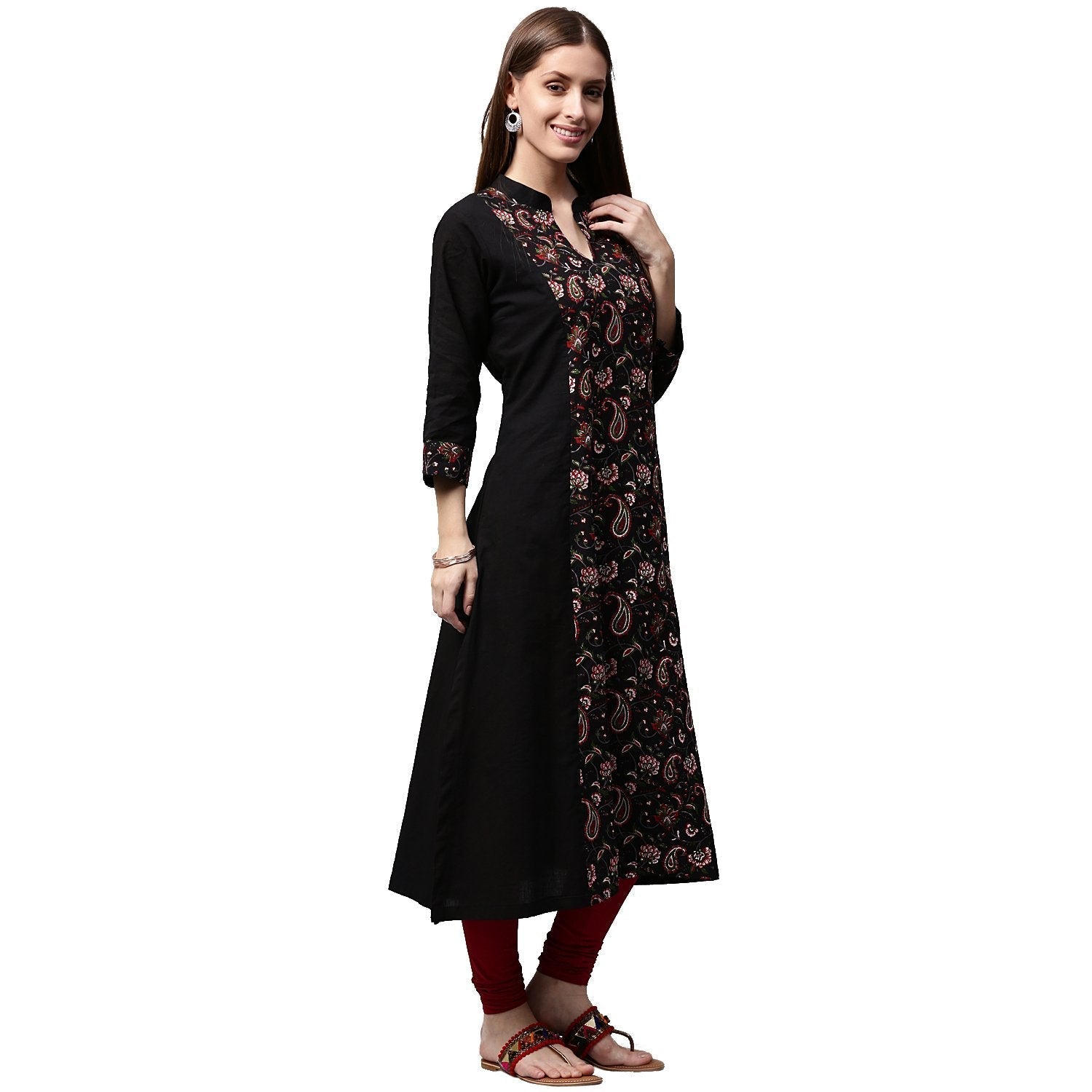 Black Printed 3/4Th Sleeve Cotton A-Line Kurta | LASVINI - Redefining Indian Fashion with Elegance