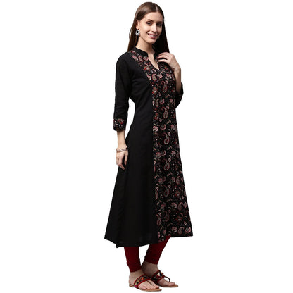 Black Printed 3/4Th Sleeve Cotton A-Line Kurta | LASVINI - Redefining Indian Fashion with Elegance