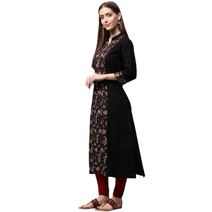 Black Printed 3/4Th Sleeve Cotton A-Line Kurta | LASVINI - Redefining Indian Fashion with Elegance
