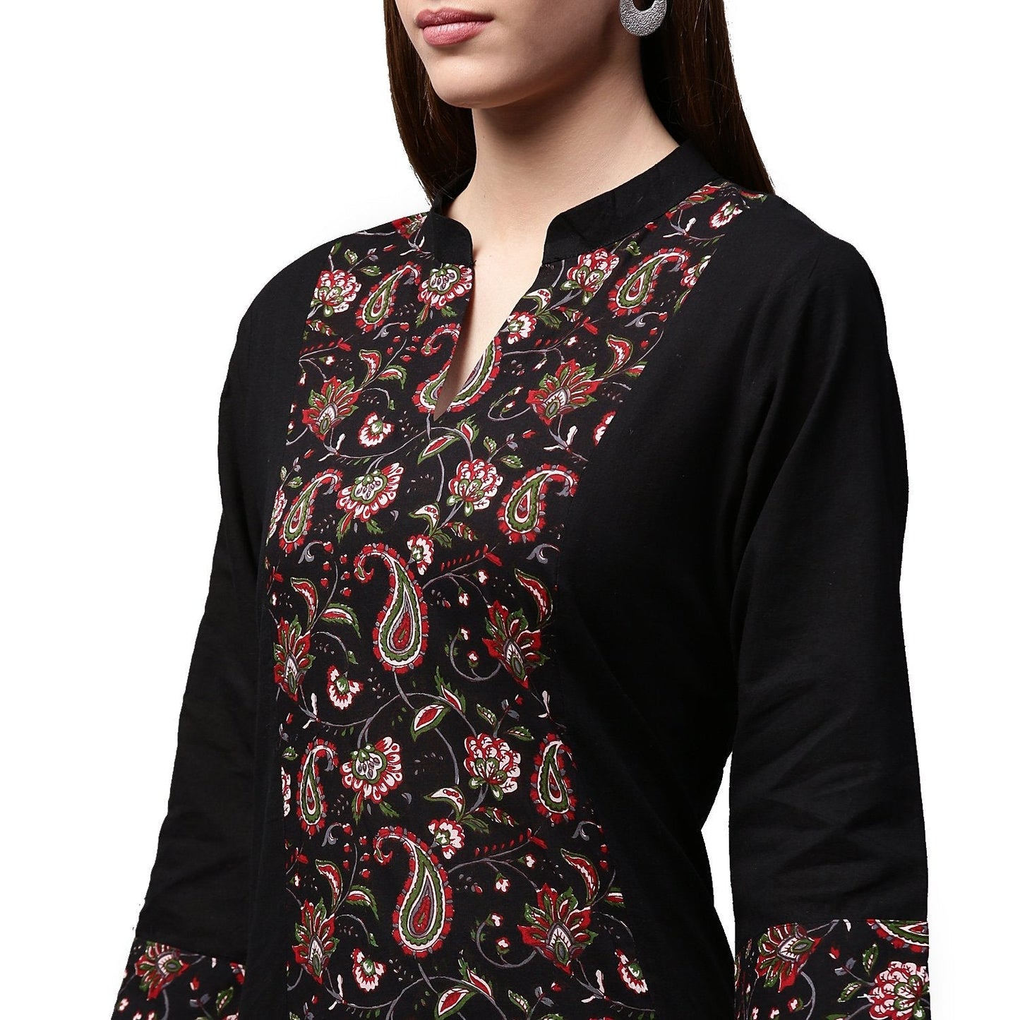Black Printed 3/4Th Sleeve Cotton A-Line Kurta | LASVINI - Redefining Indian Fashion with Elegance