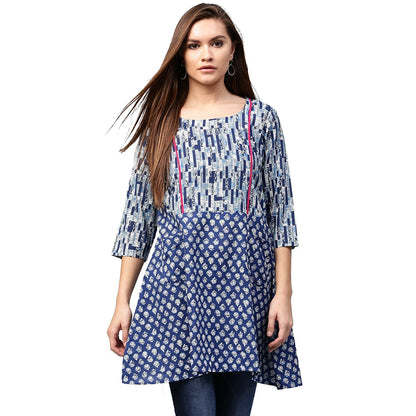 Blue Printed 3/4Th Sleeve Cotton A-Line Tunics | LASVINI - Redefining Indian Fashion with Elegance
