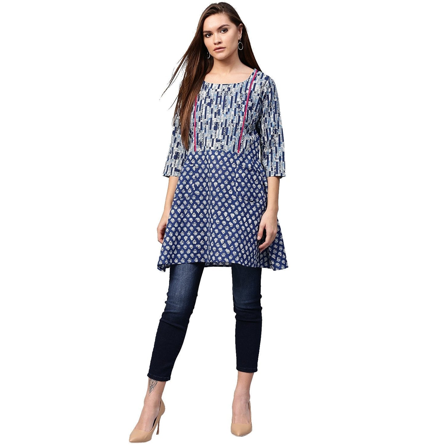 Blue Printed 3/4Th Sleeve Cotton A-Line Tunics | LASVINI - Redefining Indian Fashion with Elegance