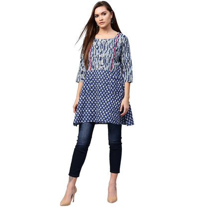 Blue Printed 3/4Th Sleeve Cotton A-Line Tunics | LASVINI - Redefining Indian Fashion with Elegance