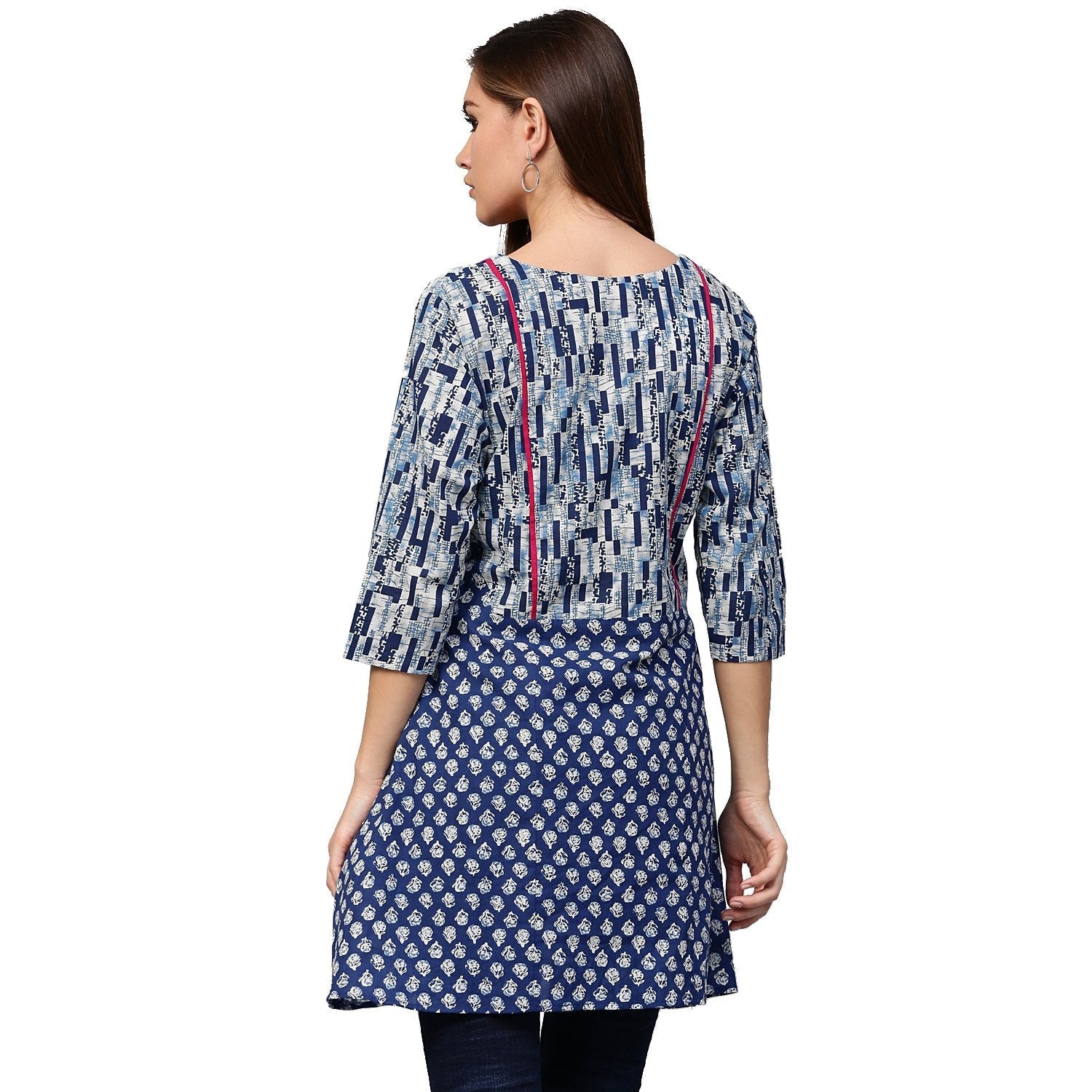 Blue Printed 3/4Th Sleeve Cotton A-Line Tunics | LASVINI - Redefining Indian Fashion with Elegance