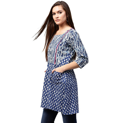 Blue Printed 3/4Th Sleeve Cotton A-Line Tunics | LASVINI - Redefining Indian Fashion with Elegance