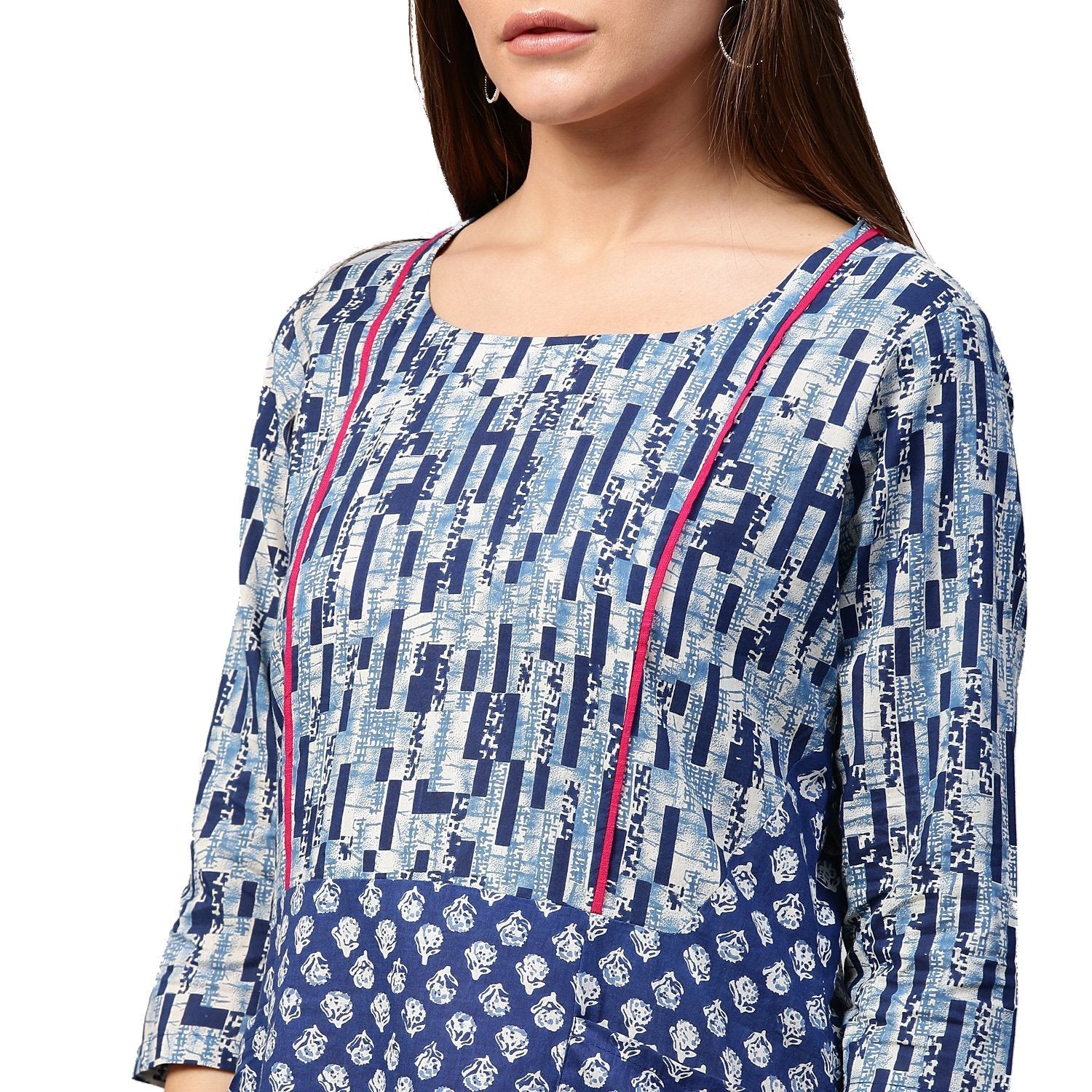 Blue Printed 3/4Th Sleeve Cotton A-Line Tunics | LASVINI - Redefining Indian Fashion with Elegance
