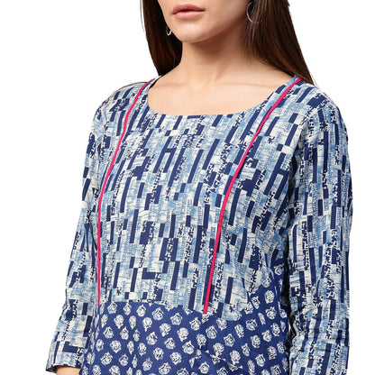 Blue Printed 3/4Th Sleeve Cotton A-Line Tunics | LASVINI - Redefining Indian Fashion with Elegance