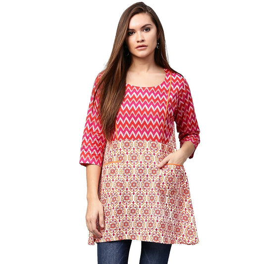 Red & Peach Printed 3/4Th Sleeve Cotton A-Line Tunics | LASVINI - Redefining Indian Fashion with Elegance