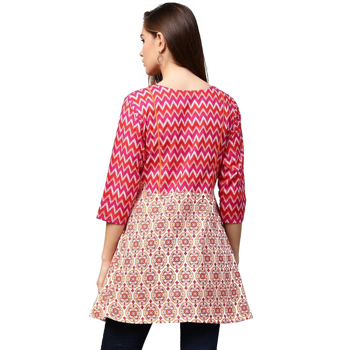 Red & Peach Printed 3/4Th Sleeve Cotton A-Line Tunics | LASVINI - Redefining Indian Fashion with Elegance