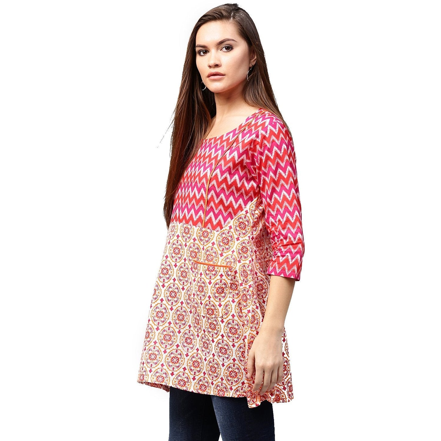 Red & Peach Printed 3/4Th Sleeve Cotton A-Line Tunics | LASVINI - Redefining Indian Fashion with Elegance