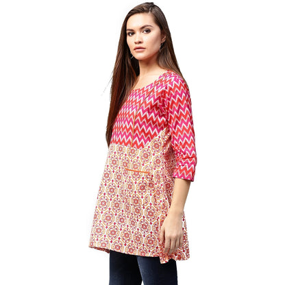 Red & Peach Printed 3/4Th Sleeve Cotton A-Line Tunics | LASVINI - Redefining Indian Fashion with Elegance