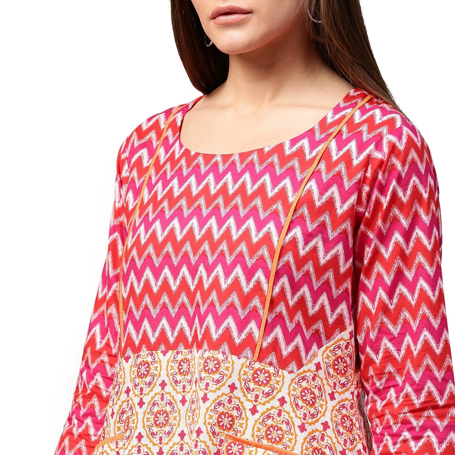 Red & Peach Printed 3/4Th Sleeve Cotton A-Line Tunics | LASVINI - Redefining Indian Fashion with Elegance