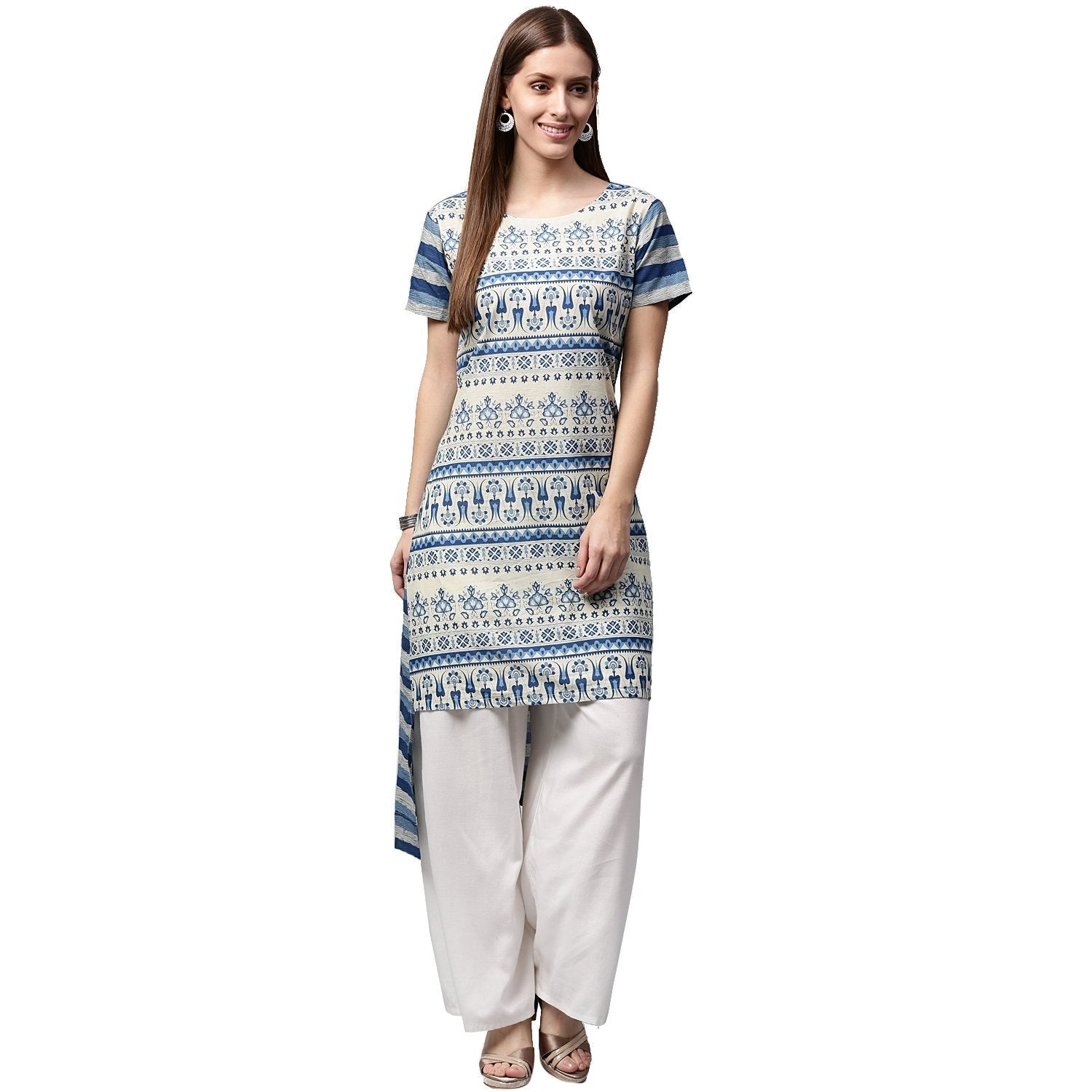 Blue Printed Cap Sleeve Cotton Low-High Kurta | LASVINI - Redefining Indian Fashion with Elegance