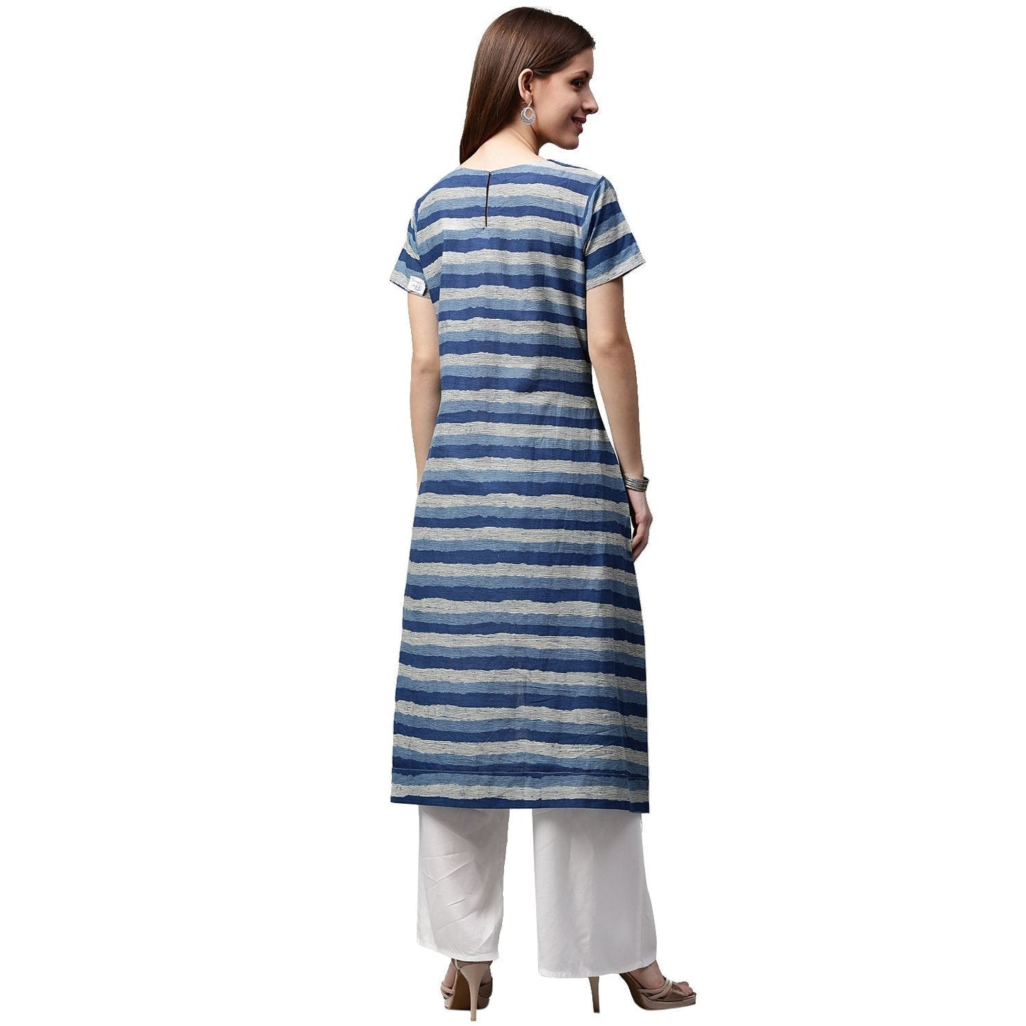 Blue Printed Cap Sleeve Cotton Low-High Kurta | LASVINI - Redefining Indian Fashion with Elegance