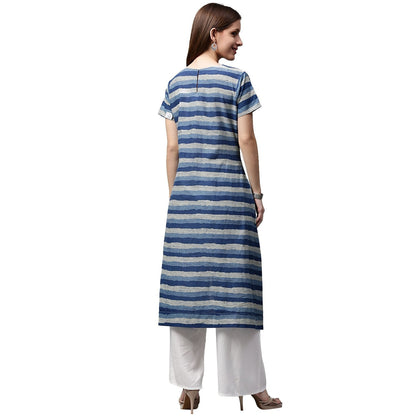 Blue Printed Cap Sleeve Cotton Low-High Kurta | LASVINI - Redefining Indian Fashion with Elegance