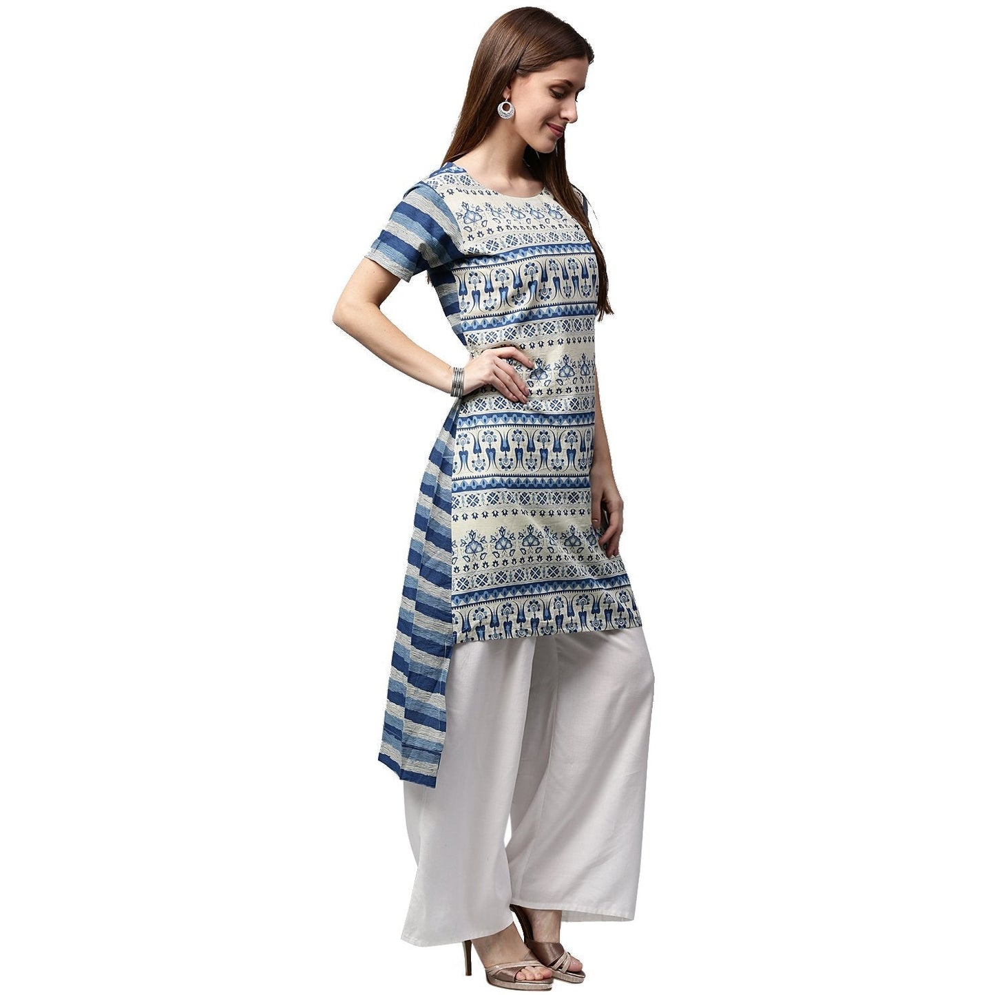 Blue Printed Cap Sleeve Cotton Low-High Kurta | LASVINI - Redefining Indian Fashion with Elegance