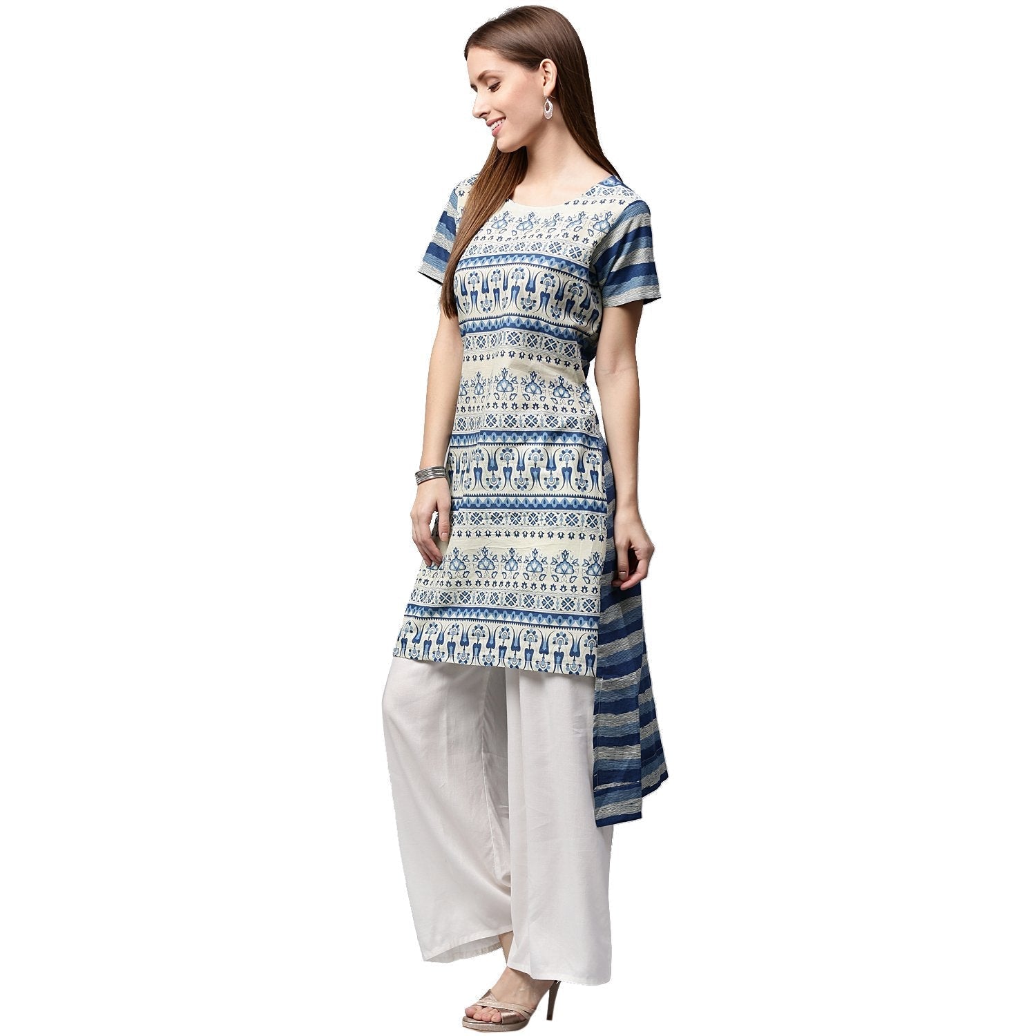 Blue Printed Cap Sleeve Cotton Low-High Kurta | LASVINI - Redefining Indian Fashion with Elegance