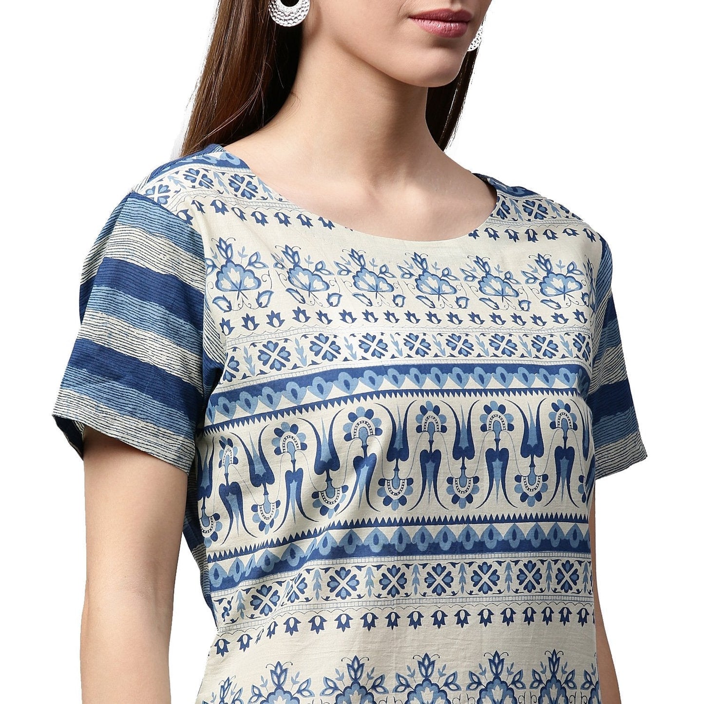 Blue Printed Cap Sleeve Cotton Low-High Kurta | LASVINI - Redefining Indian Fashion with Elegance