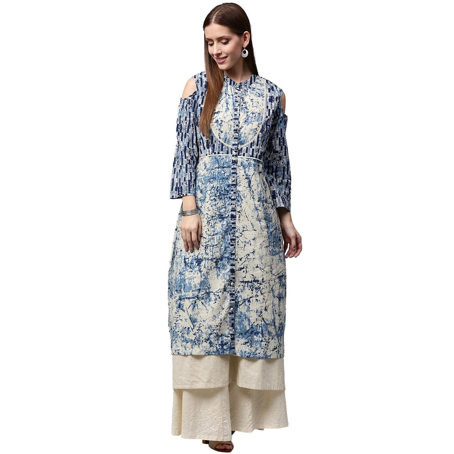 Blue Tie Tie Print 3/4Th Sleeve Cold Shoulder Cotton Double Layer Kurta | LASVINI - Redefining Indian Fashion with Elegance