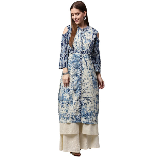 Blue Tie Tie Print 3/4Th Sleeve Cold Shoulder Cotton Double Layer Kurta | LASVINI - Redefining Indian Fashion with Elegance