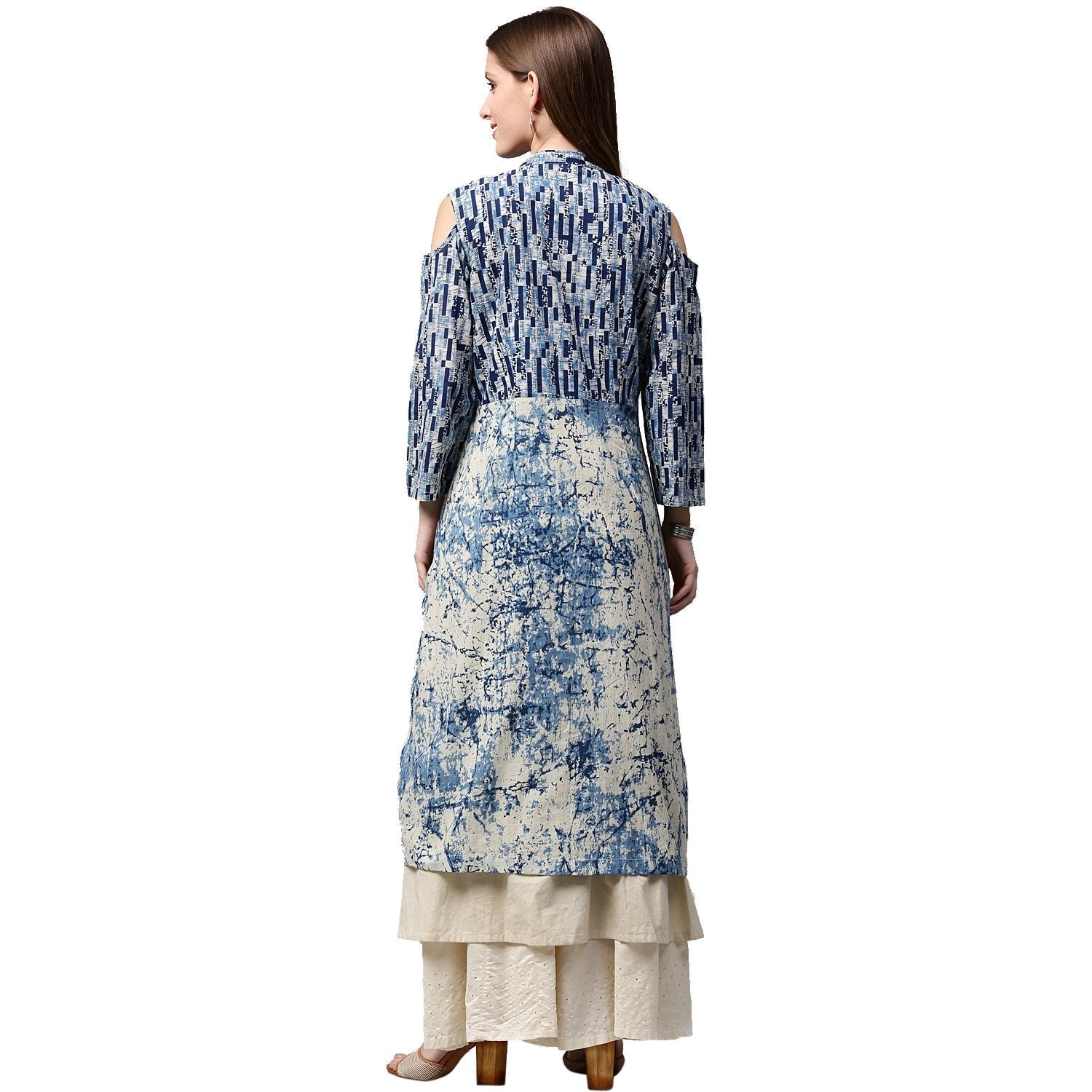 Blue Tie Tie Print 3/4Th Sleeve Cold Shoulder Cotton Double Layer Kurta | LASVINI - Redefining Indian Fashion with Elegance