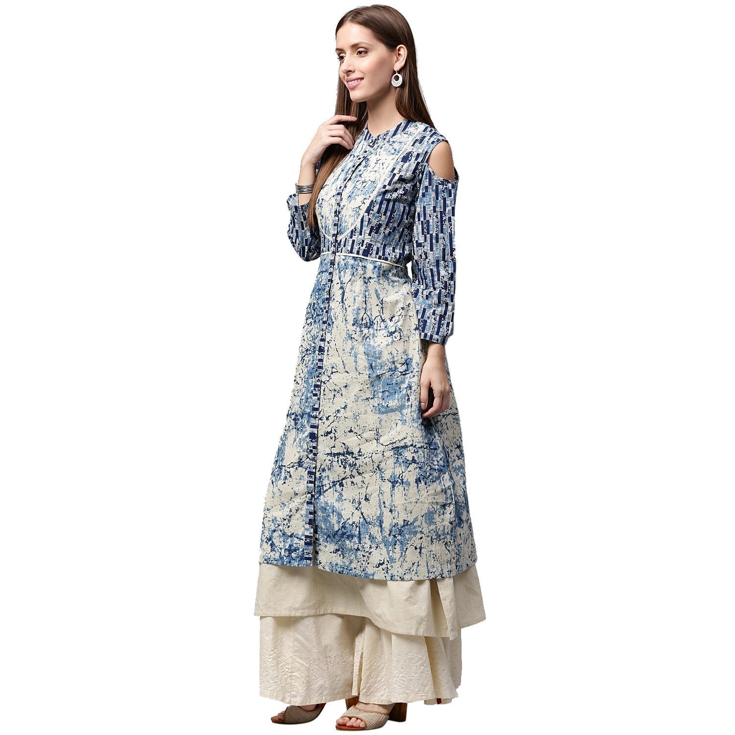 Blue Tie Tie Print 3/4Th Sleeve Cold Shoulder Cotton Double Layer Kurta | LASVINI - Redefining Indian Fashion with Elegance