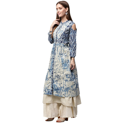 Blue Tie Tie Print 3/4Th Sleeve Cold Shoulder Cotton Double Layer Kurta | LASVINI - Redefining Indian Fashion with Elegance