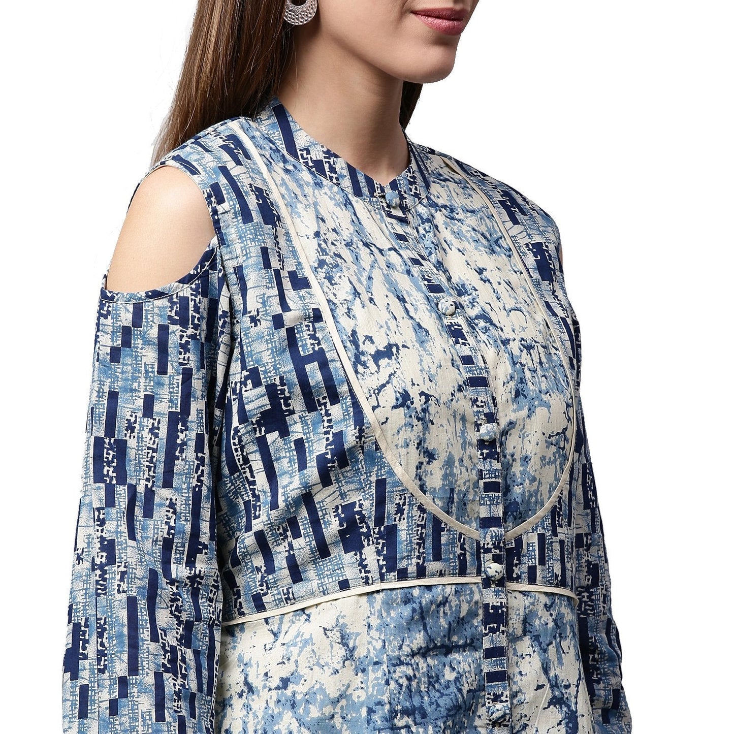 Blue Tie Tie Print 3/4Th Sleeve Cold Shoulder Cotton Double Layer Kurta | LASVINI - Redefining Indian Fashion with Elegance