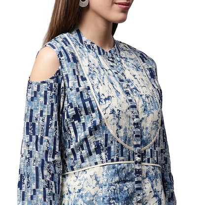 Blue Tie Tie Print 3/4Th Sleeve Cold Shoulder Cotton Double Layer Kurta | LASVINI - Redefining Indian Fashion with Elegance